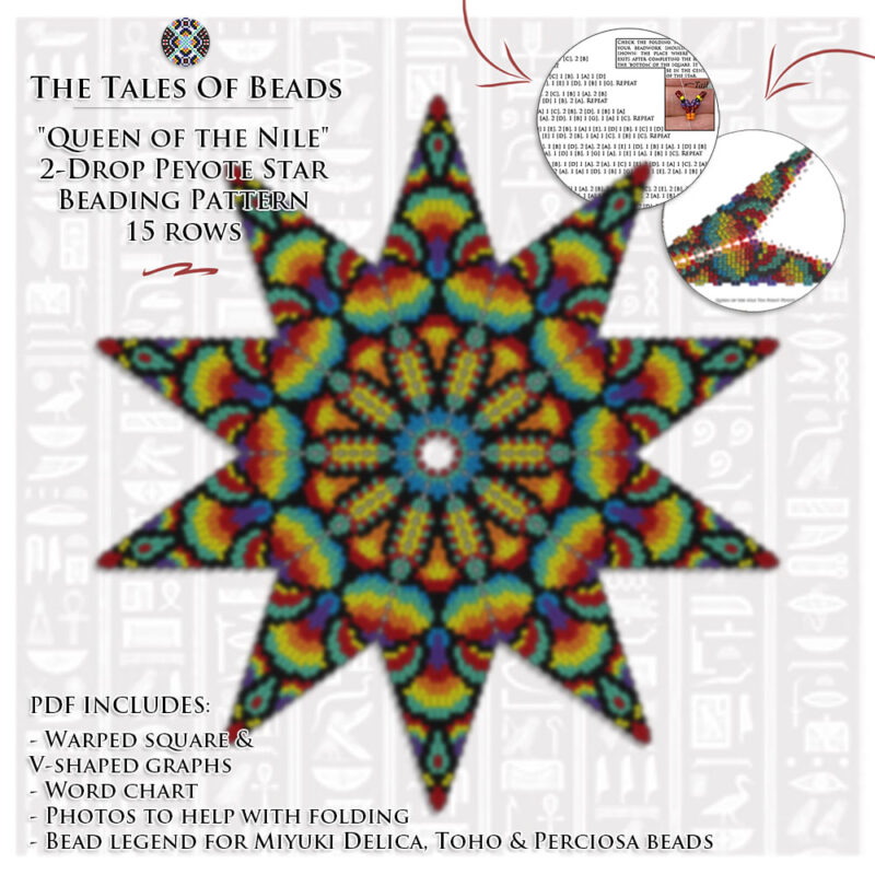 A collage showing an Egyptian art inspired 2-drop peyote star beading graph preview and pattern extracts