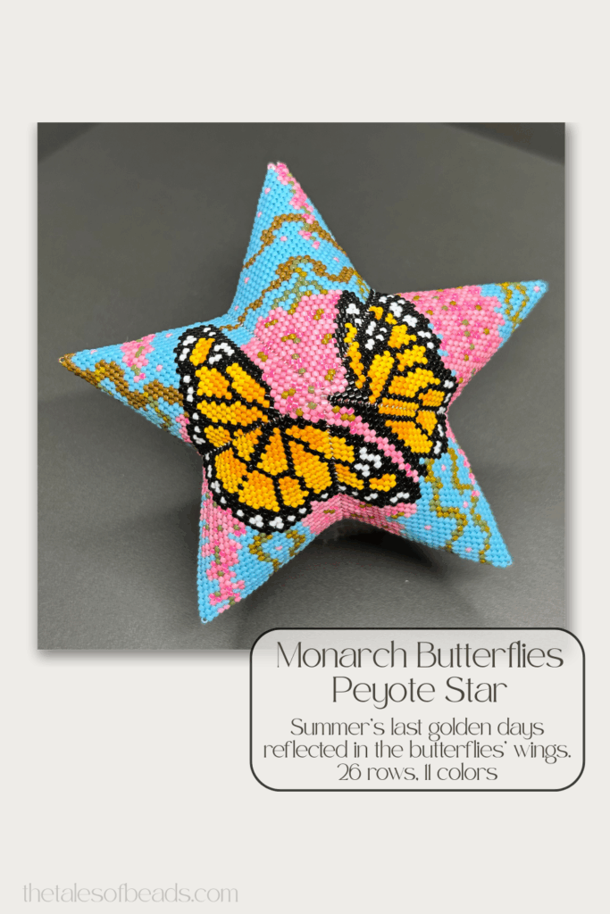 A peyote star with a monarch butterflies and wisteria flowers showcased on black background