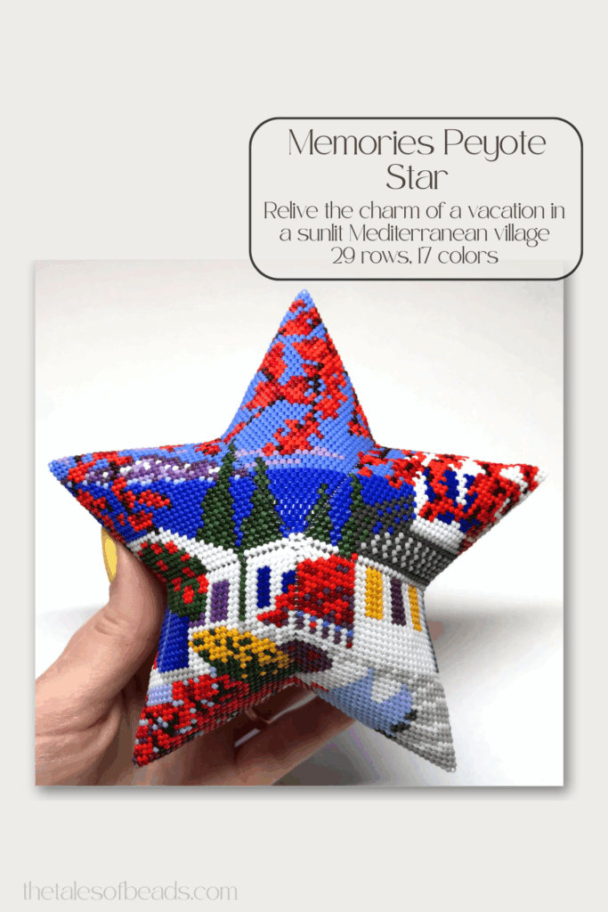 A peyote star with a mediterranean village design held in hand on white background