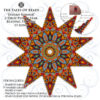 A collage showing an ornamental 2-drop peyote star beading graph preview and pattern extracts