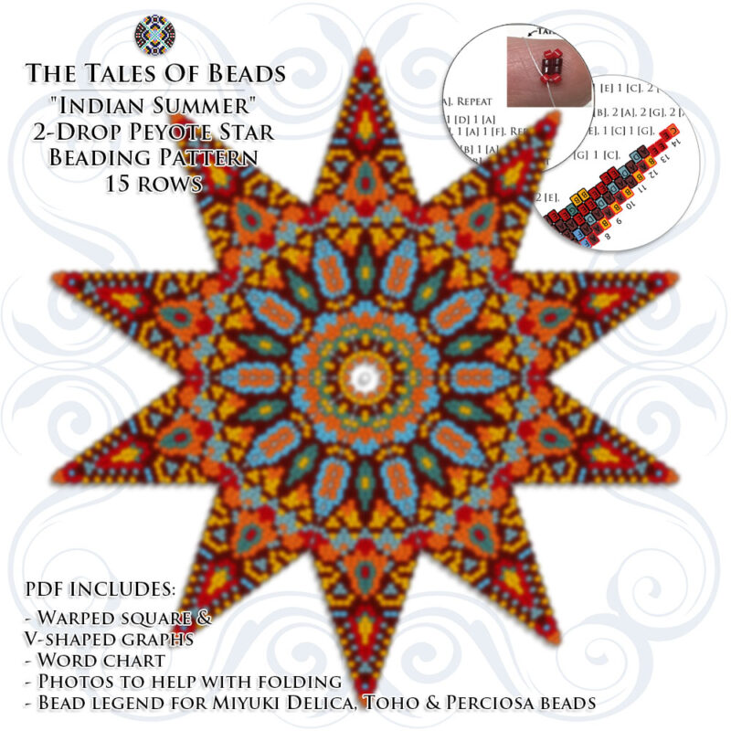 A collage showing an ornamental 2-drop peyote star beading graph preview and pattern extracts