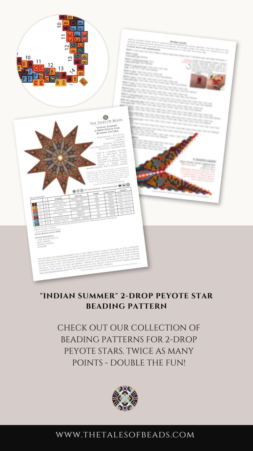 An orange, turquoise and maroon 2-drop peyote star beading pattern contents preview