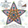 A beaded star ornament with a geometric ornament in shades of teal, orange and lime green