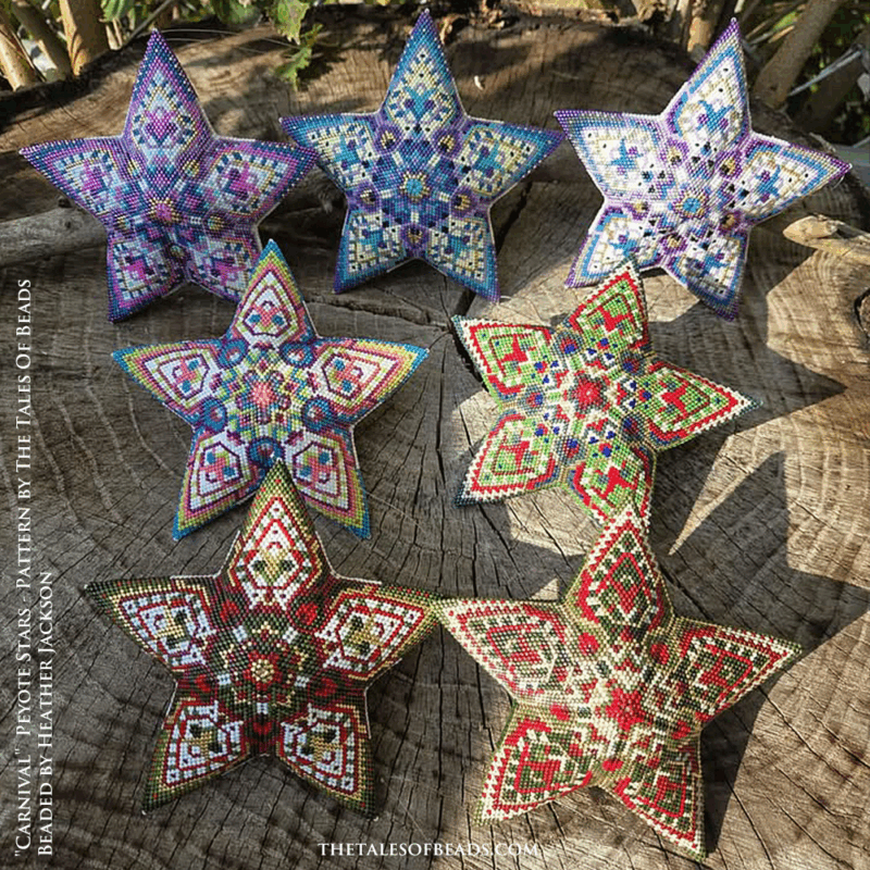 beaded-stars Six beautiful peyote stars of one design but in different colorways pictured together