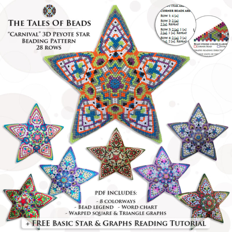Peyote star with a vibrant geometric motif in 8 colorways on plain background