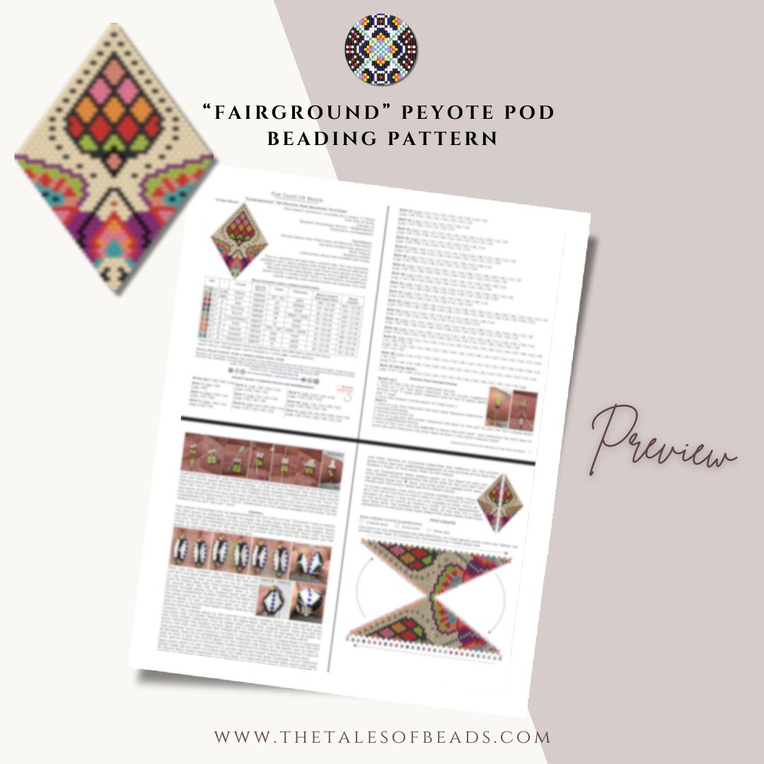 Peyote pod beading pattern PDF preview with graphs, word chart and instruction photos