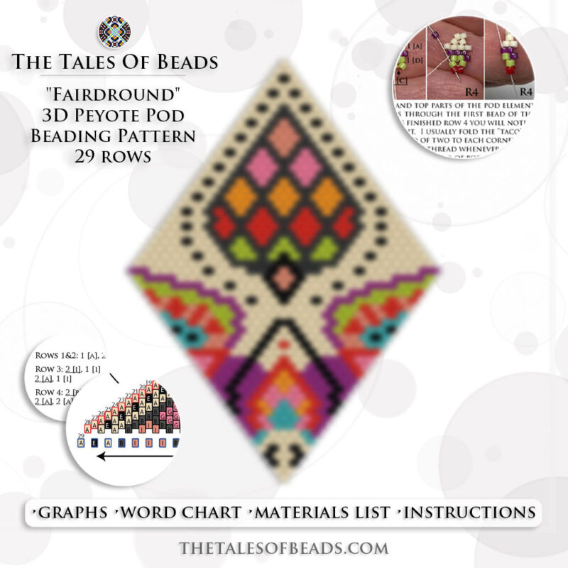 A collage showing a festive beaded pod ornament graph and its pattern info