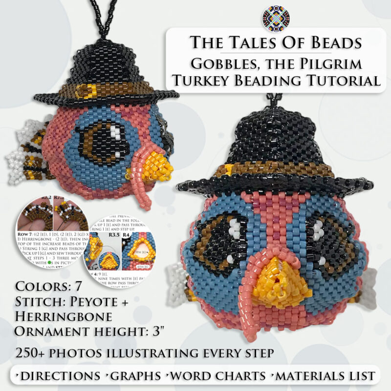 A collage image showing different sides of the beaded turkey ornament and PDF tutorial extracts