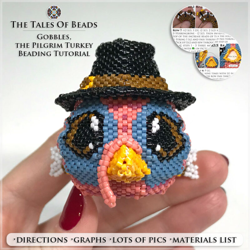 turkey-beading-tutorial Beaded Turkey figure held in hand to show size scale with some bead tutorial extracts