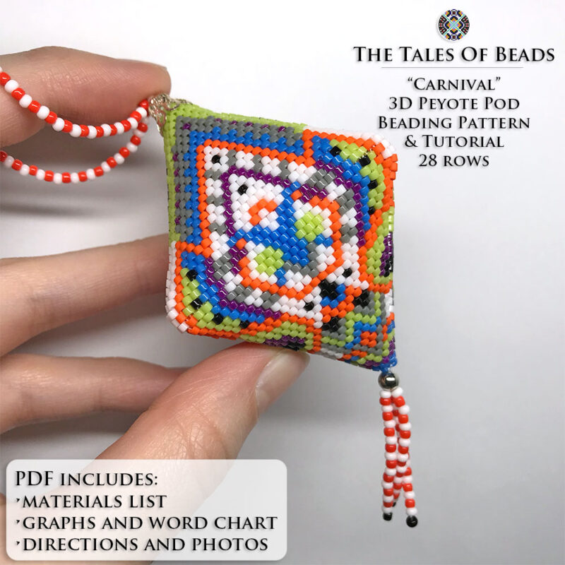 beaded-pod-pattern-carnival Peyote pod with a festive geometric motif held in hand for scale