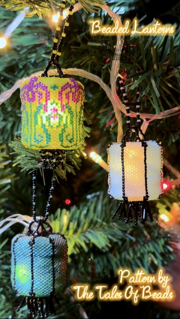 colorful beaded lanterns glowing on a Christmas tree