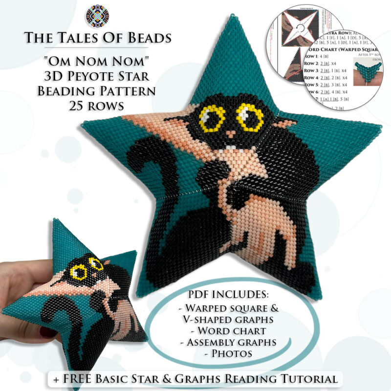 Collage image featuring different sides of the Om Nom Nom Peyote Star with beading pattern extracts