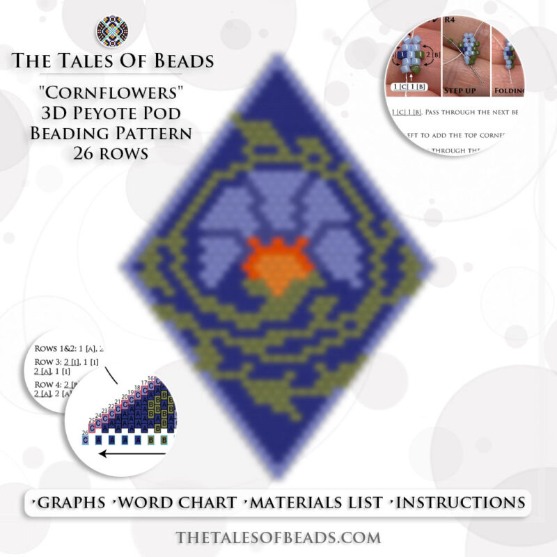 A collage showing a floral beaded pod ornament graph and its pattern info