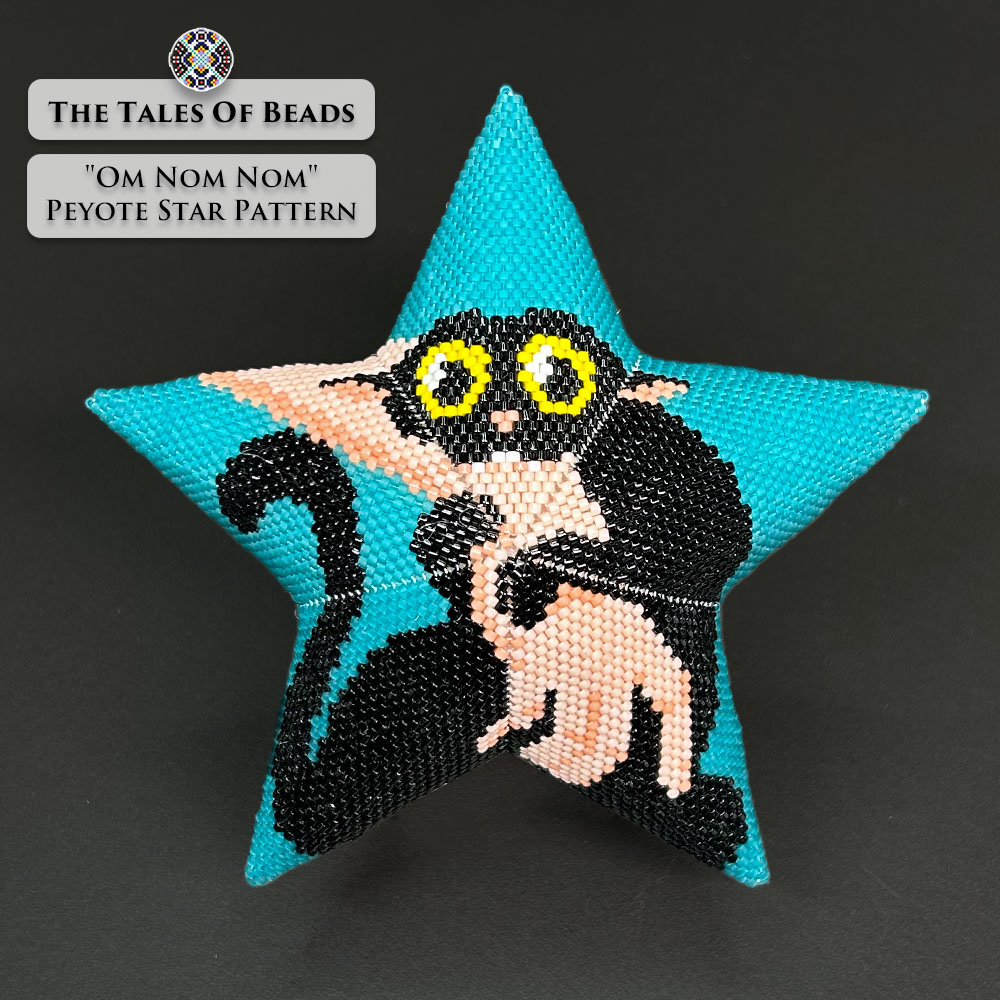 A beaded star ornament featuring a big eyed black cat displayed on black background
