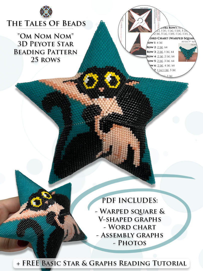 A collage image showing different sides of a Peyote Star with a black cat as well as a beading pattern preview