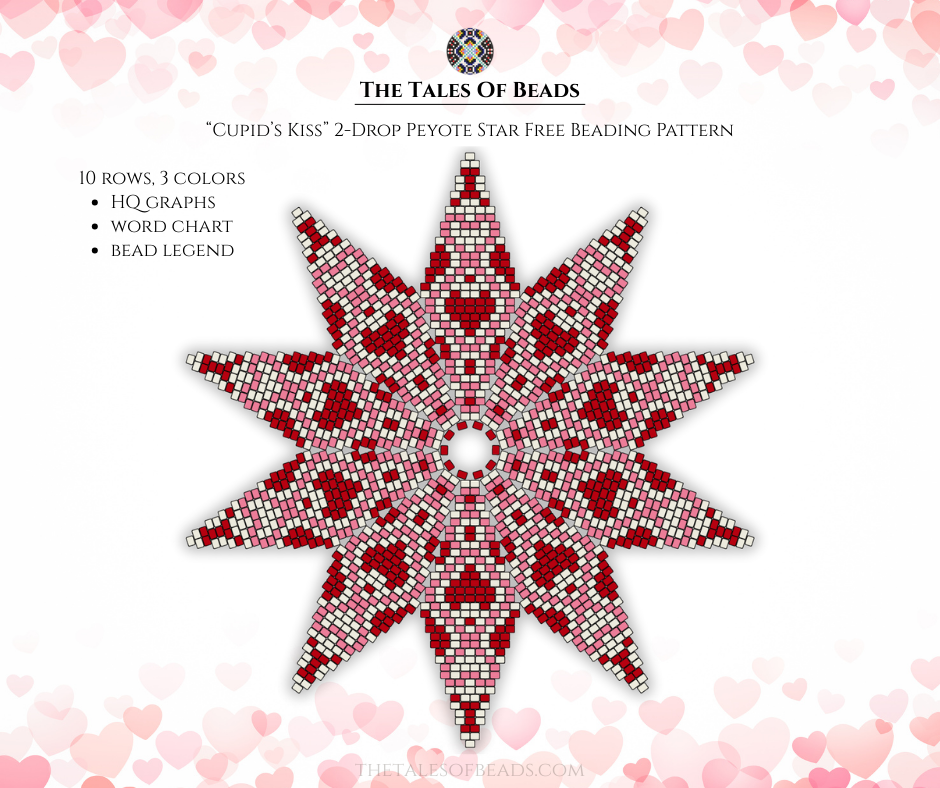 A beading pattern for a ten point peyote star with hearts on it