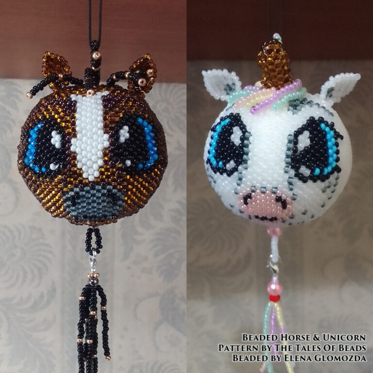 A beaded unicorn and horse duo