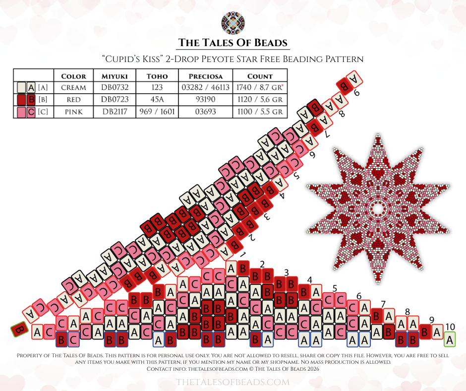 V-shaped beading graph with a bead legend for a free Valentine's 2-drop peyote star.