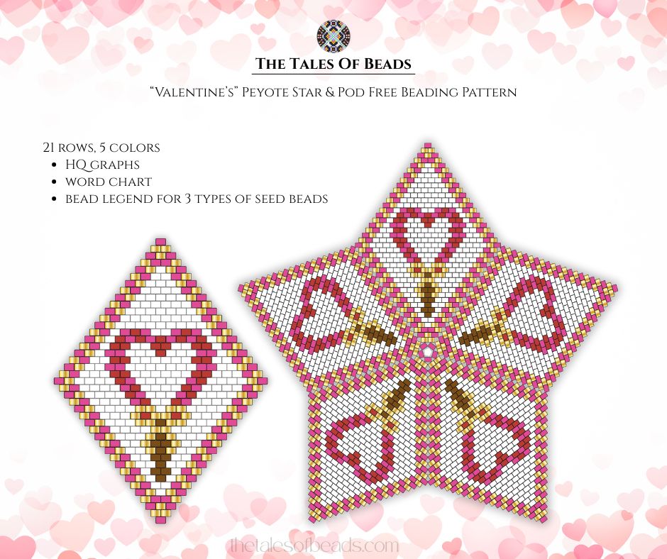 A set of beading patterns for a peyote star and a pod with a Valentines' Day motif.