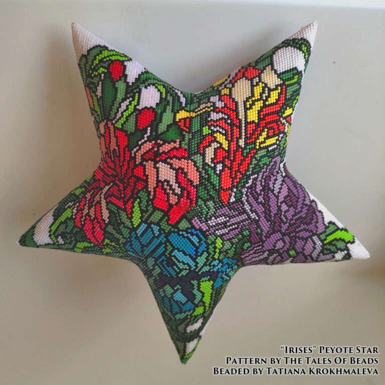 A peyote star featuring a bunch of colorful flowers