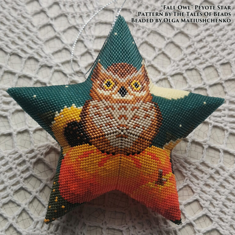 A peyote star featuring an owl and some pumpkins
