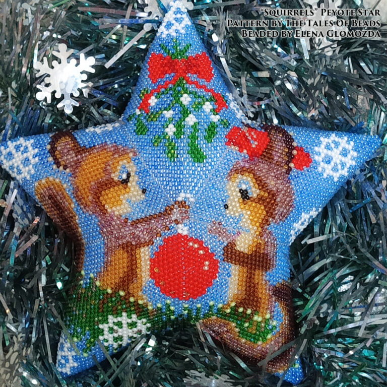 A peyote star featuring a Christmas composition with cute squirrels