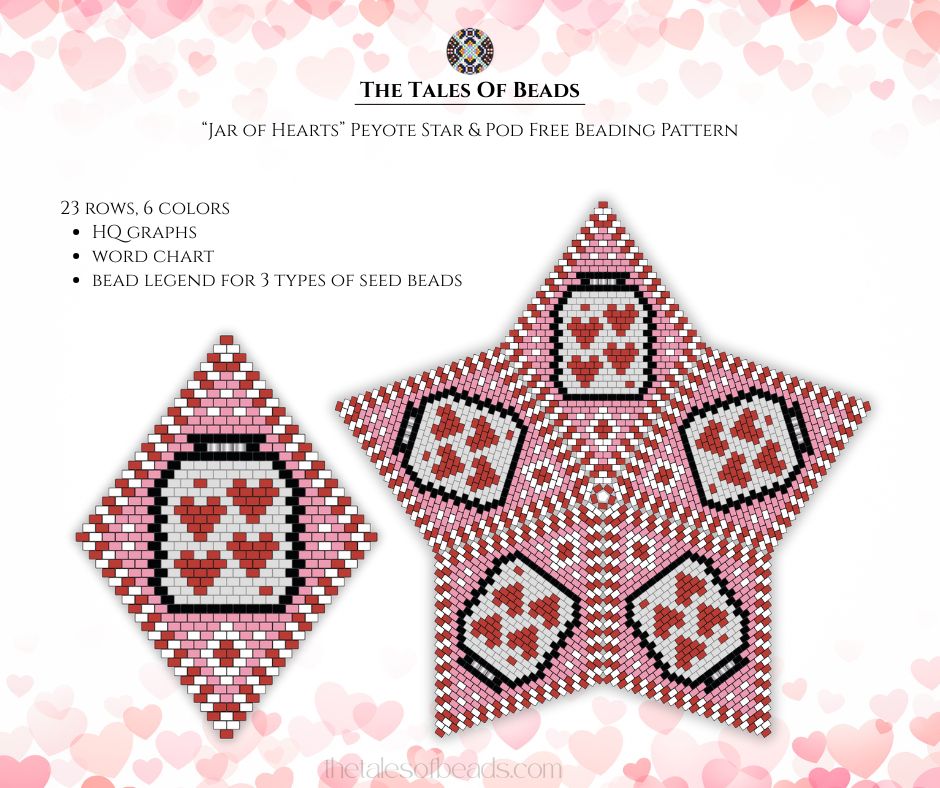 A set of beading patterns for a peyote star and a pod with hearts on them.