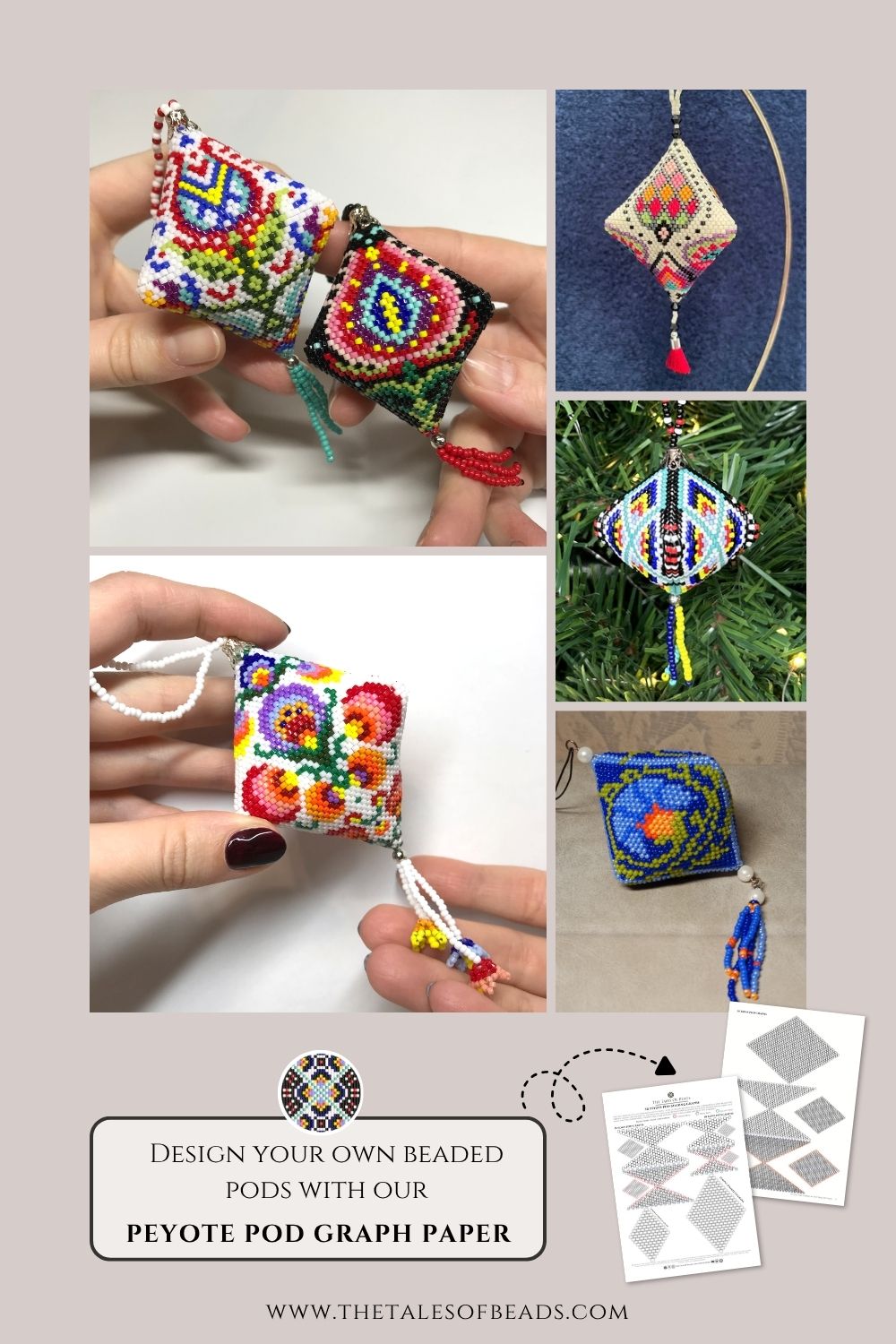 Examples of finished peyote pods made using peyote pod graph paper