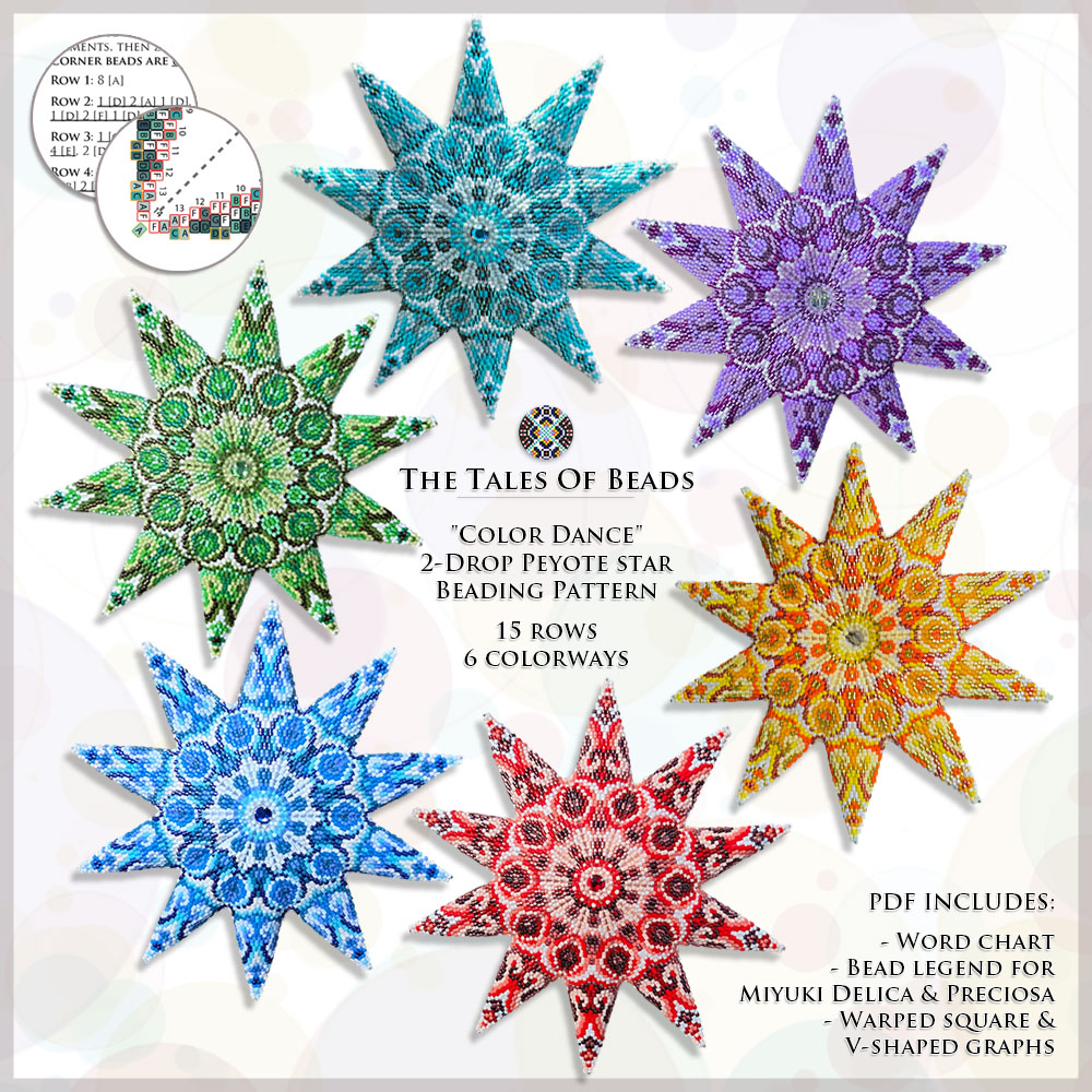 Six beautiful ten point peyote stars of one design but in different colorways pictured together