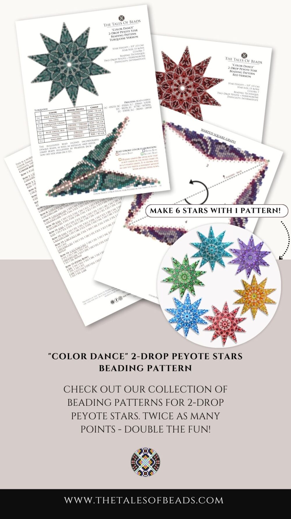 Preview of the printable 2-drop peyote star pattern for 6 colorful designs