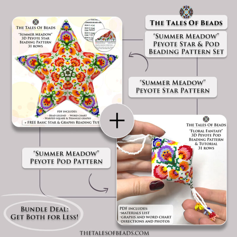 Summer Meadow beaded star and pod set, matching peyote stitch ornaments