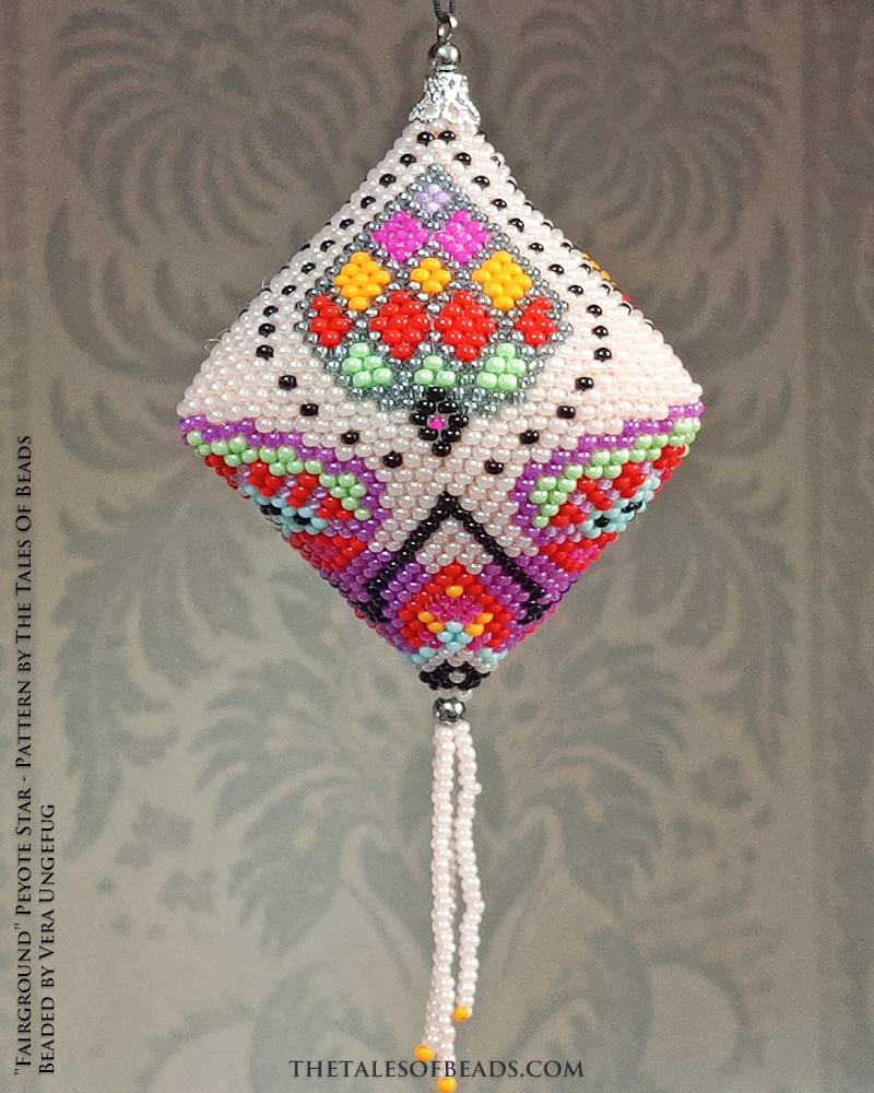 A peyote pod with a bold geometric motif beaded with Preciosa seed beads