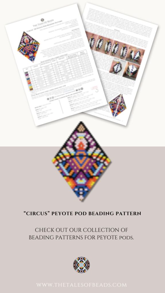A collage showing a vibrant beaded pod ornament graph and its pattern info