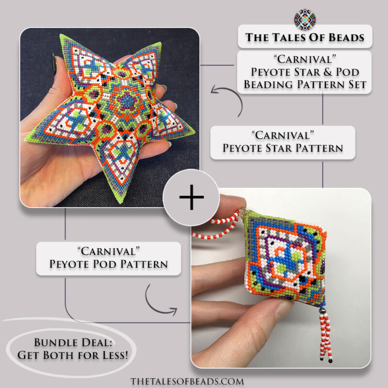 Carnival beaded star and pod set, matching peyote stitch ornaments