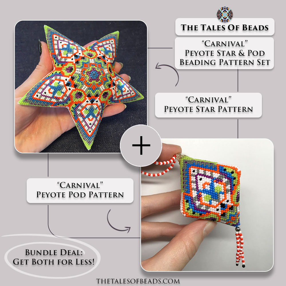 Carnival beaded star and pod set, matching peyote stitch ornaments