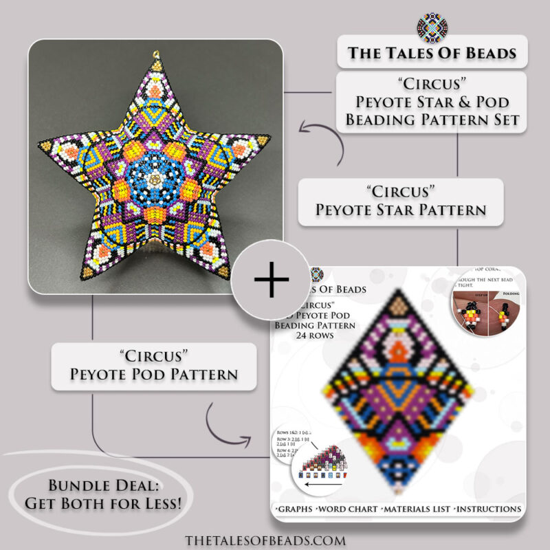 Circus beaded star and pod set, matching peyote stitch ornaments