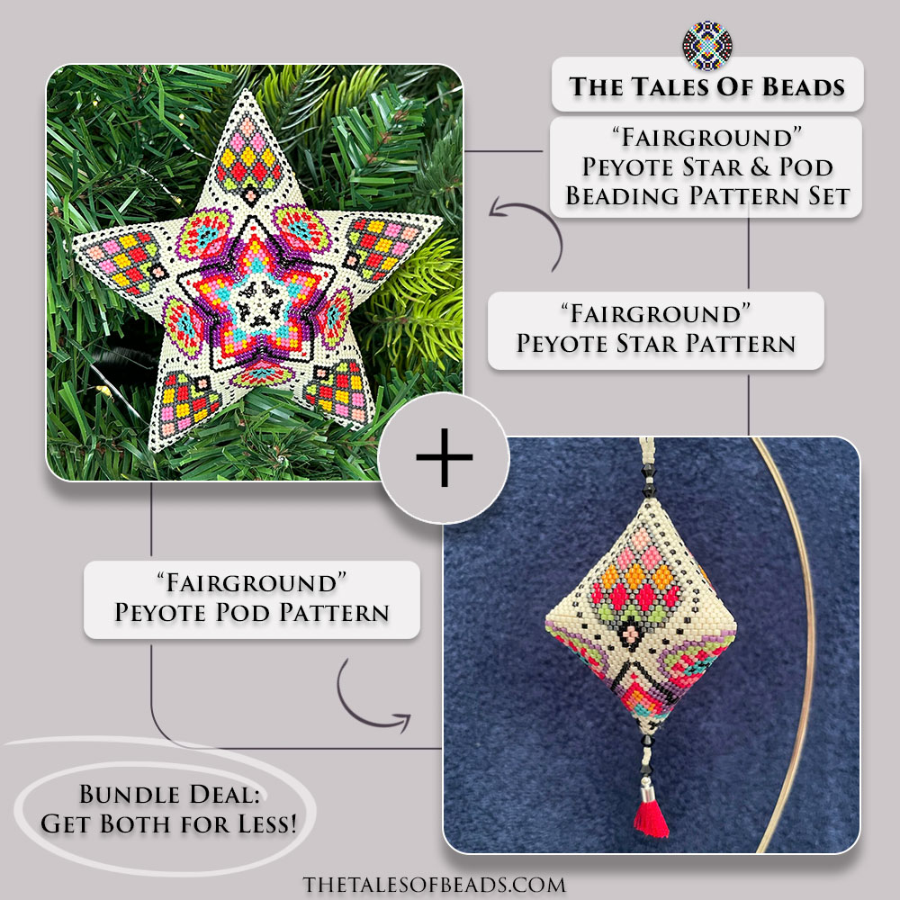 Fairground beaded star and pod set, matching peyote stitch ornaments