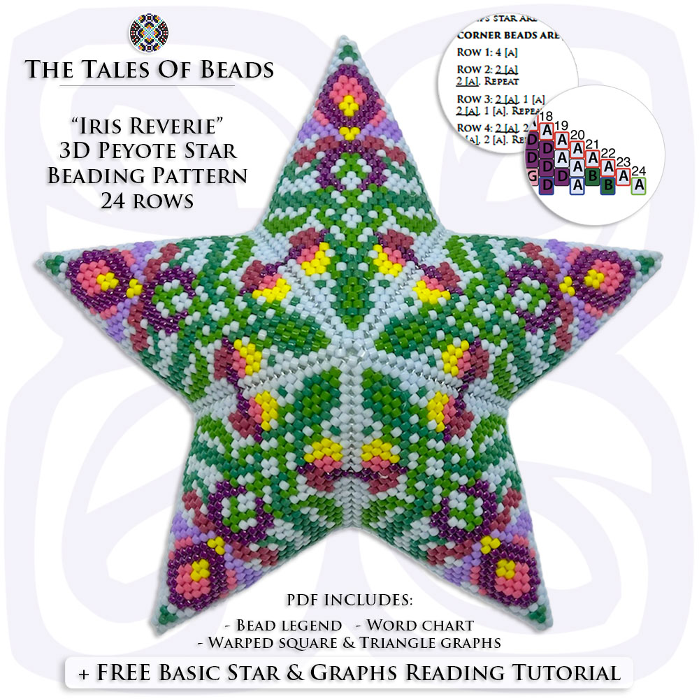 Peyote star with a repeating floral iris Art Nouveau design with its pattern preview