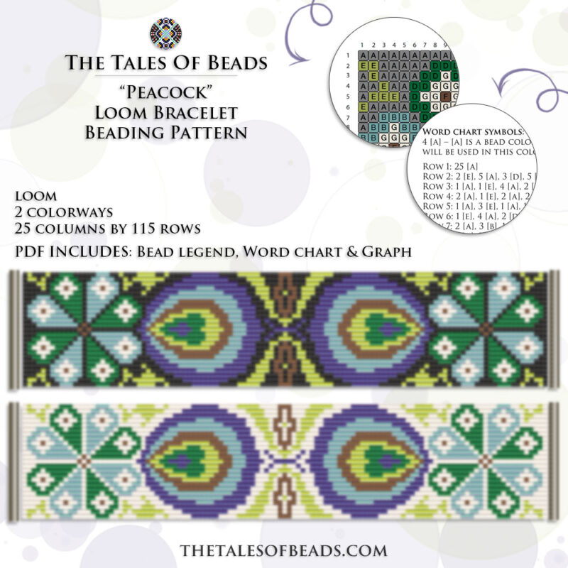 A beading pattern for a loom bracelet with peacock feathers