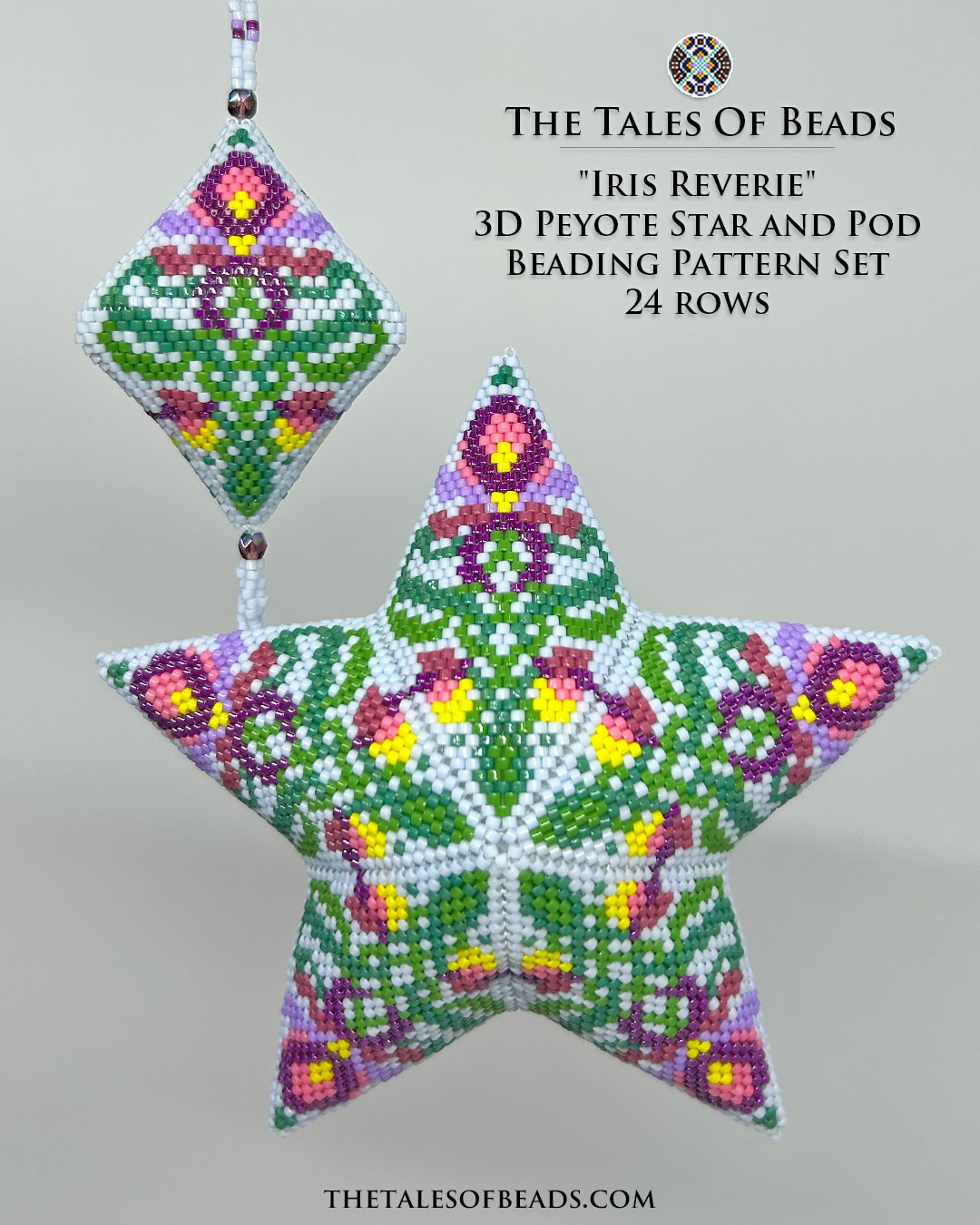 Irises beaded star and pod set, matching peyote stitch ornaments