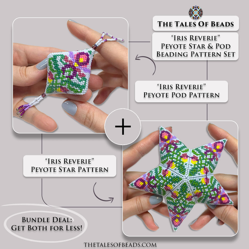 Iris Reverie peyote star and pod set, matching beaded ornaments
