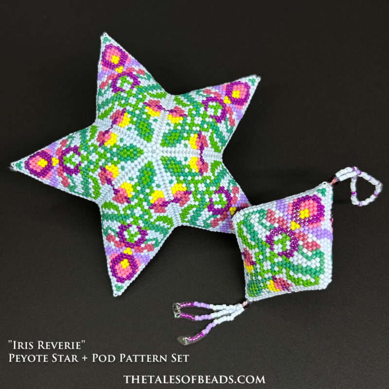 A set of matching peyote stitch ornaments with a striking floral design showcased on black background