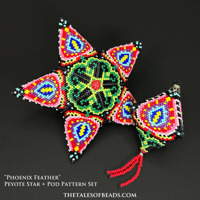 A set of matching peyote stitch ornaments with a striking floral design showcased on black background