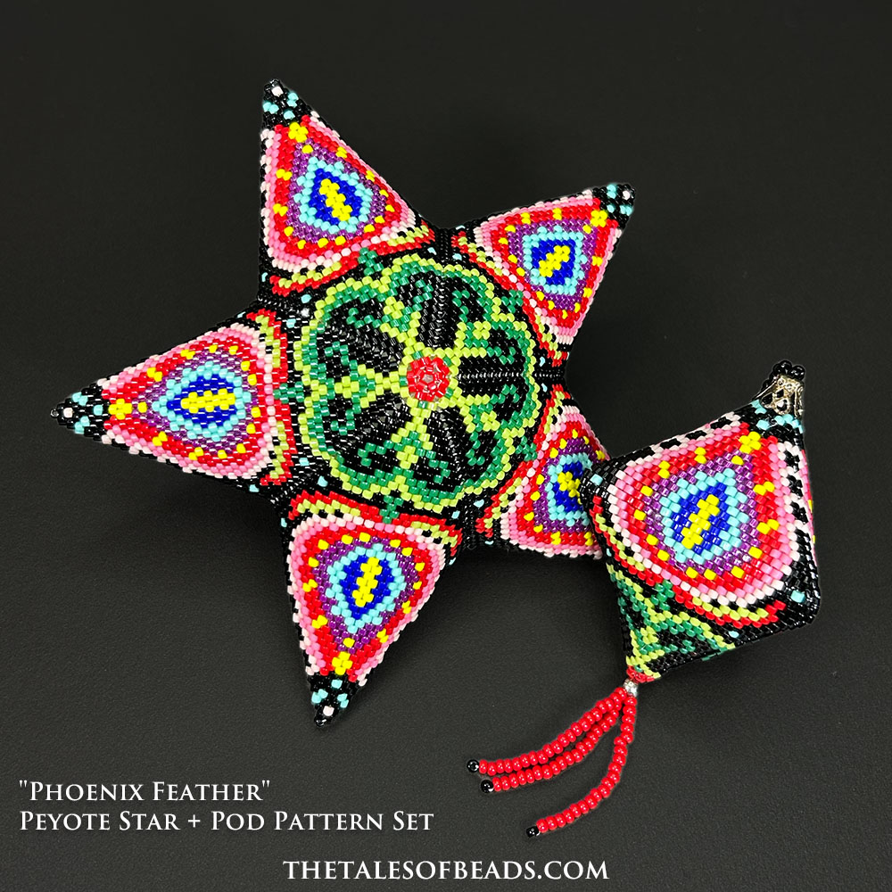 A set of matching peyote stitch ornaments with a striking floral design showcased on black background