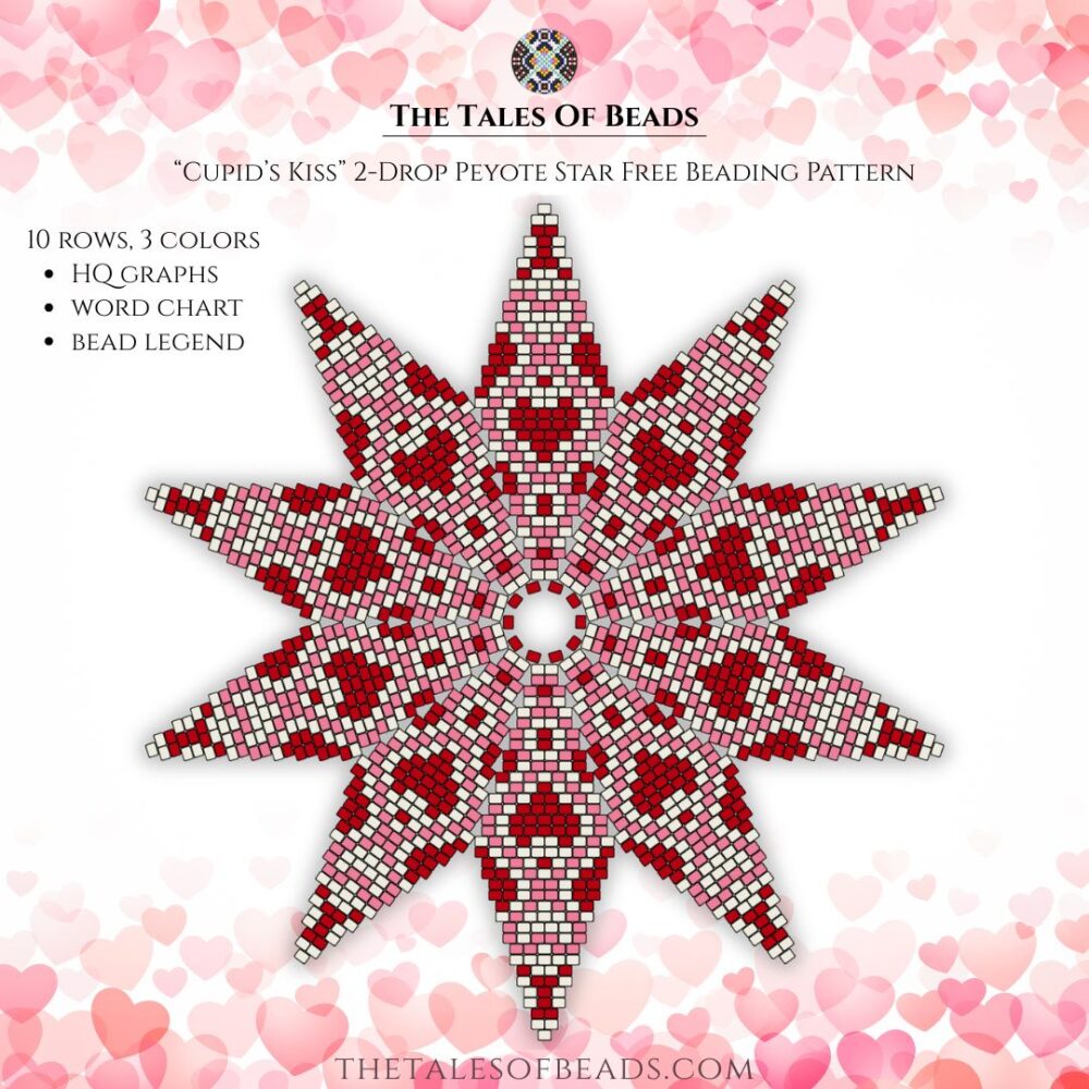 A beading pattern for a ten point peyote star with hearts on it