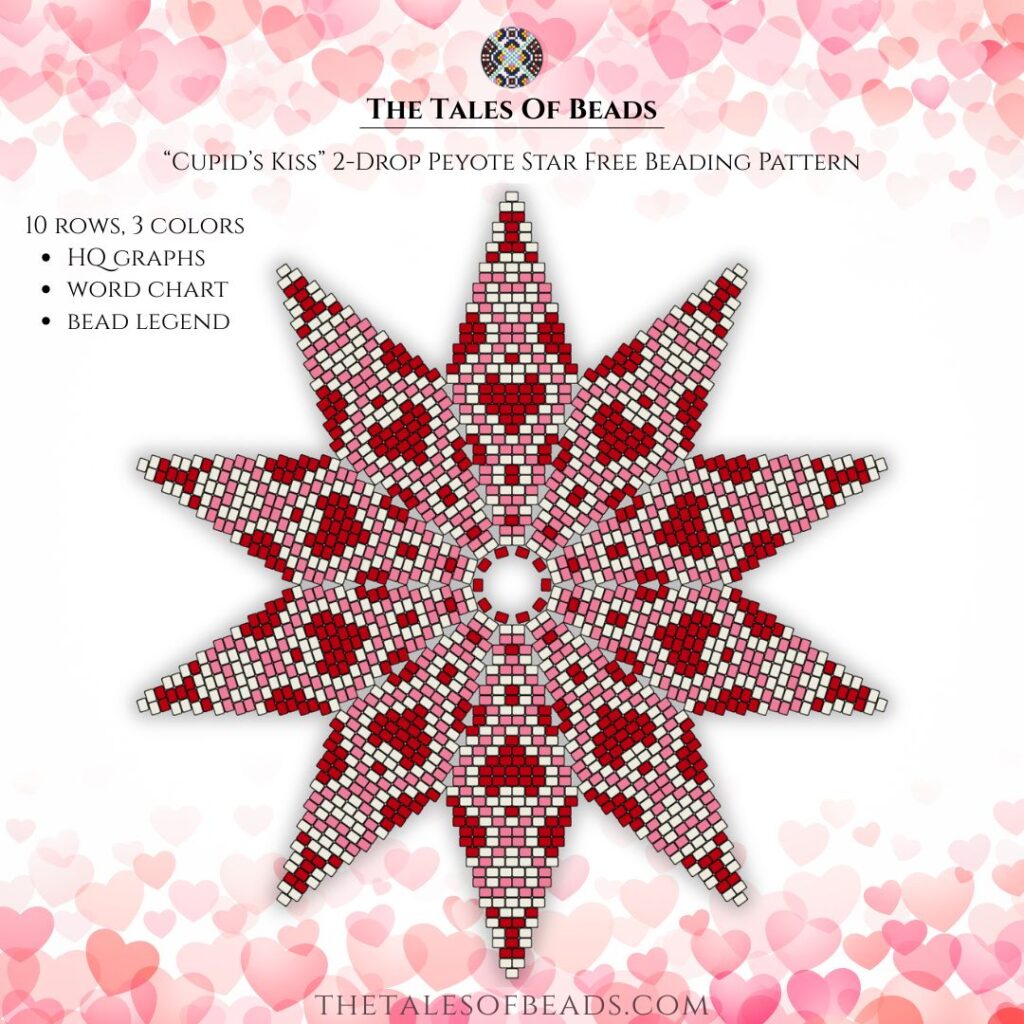 A beading pattern for a ten point peyote star with hearts on it