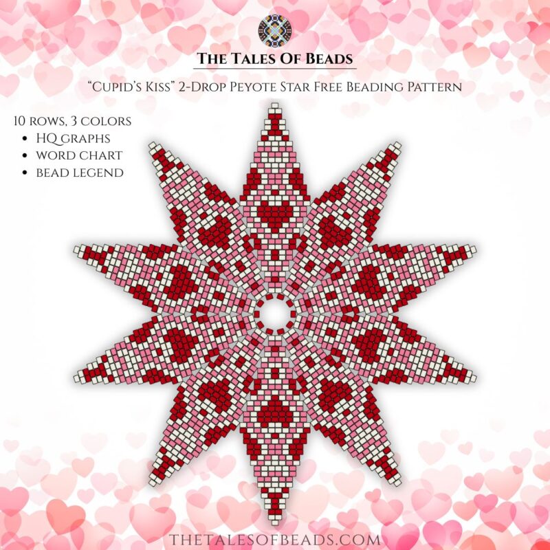 A beading pattern for a ten point peyote star with hearts on it