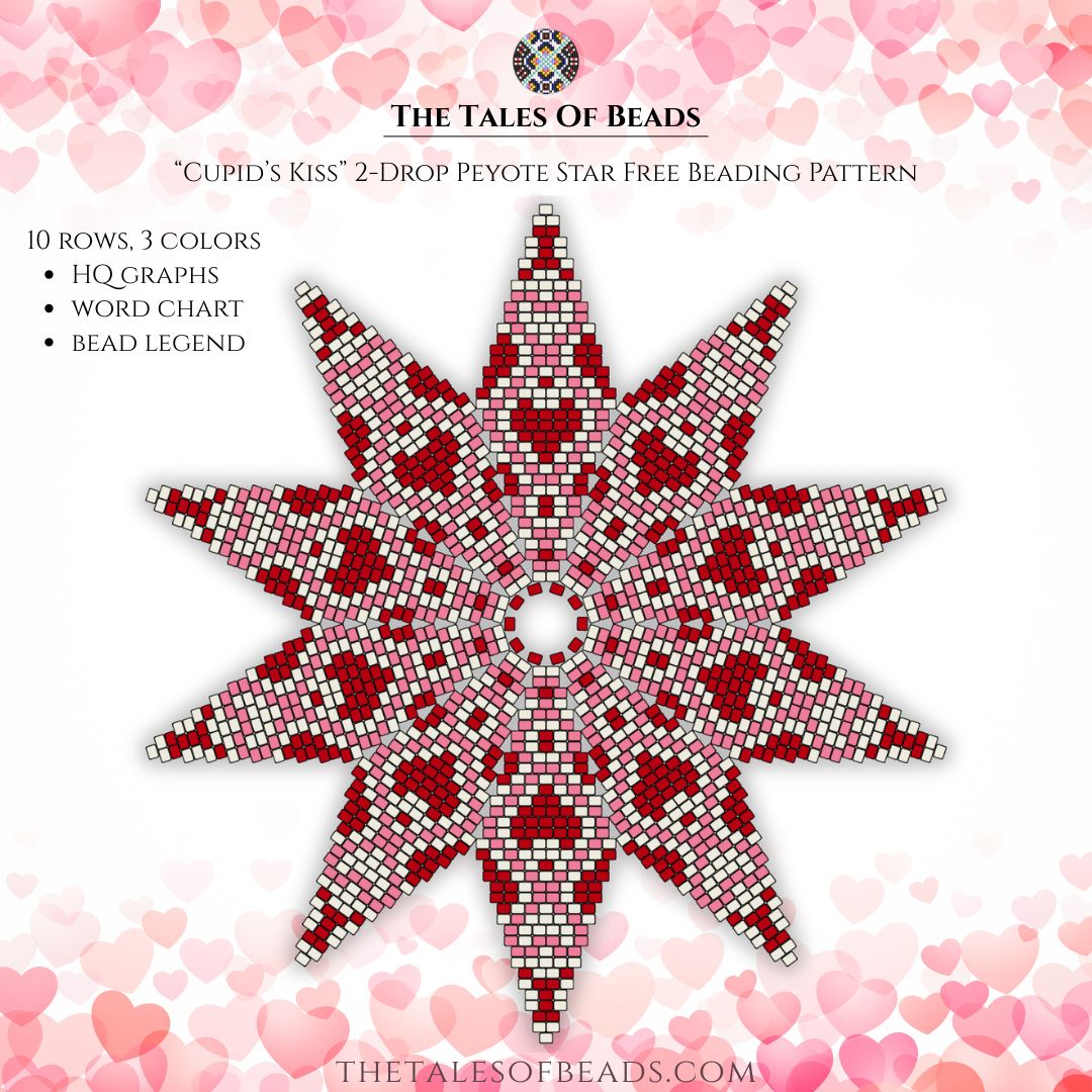 A beading pattern for a ten point peyote star with hearts on it