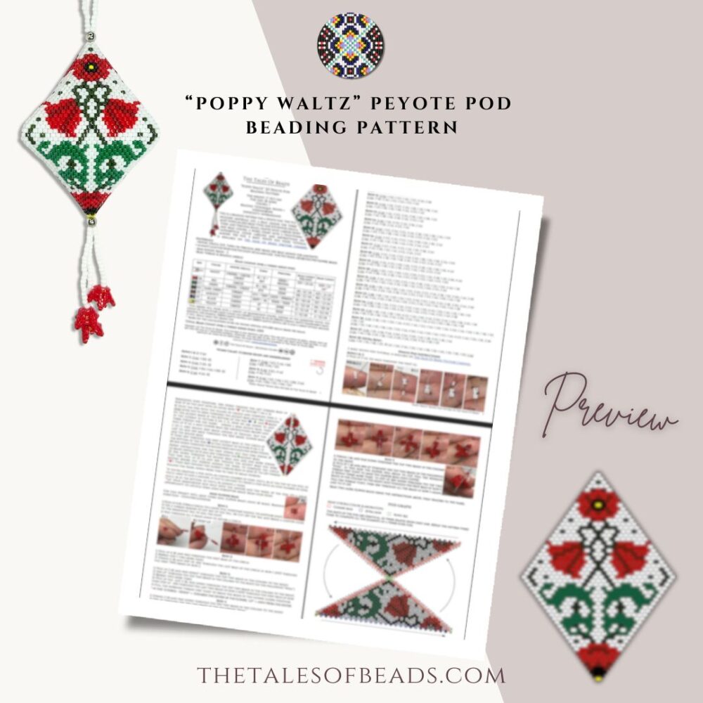 Peyote pod beading pattern PDF preview with graphs, word chart and instruction photos