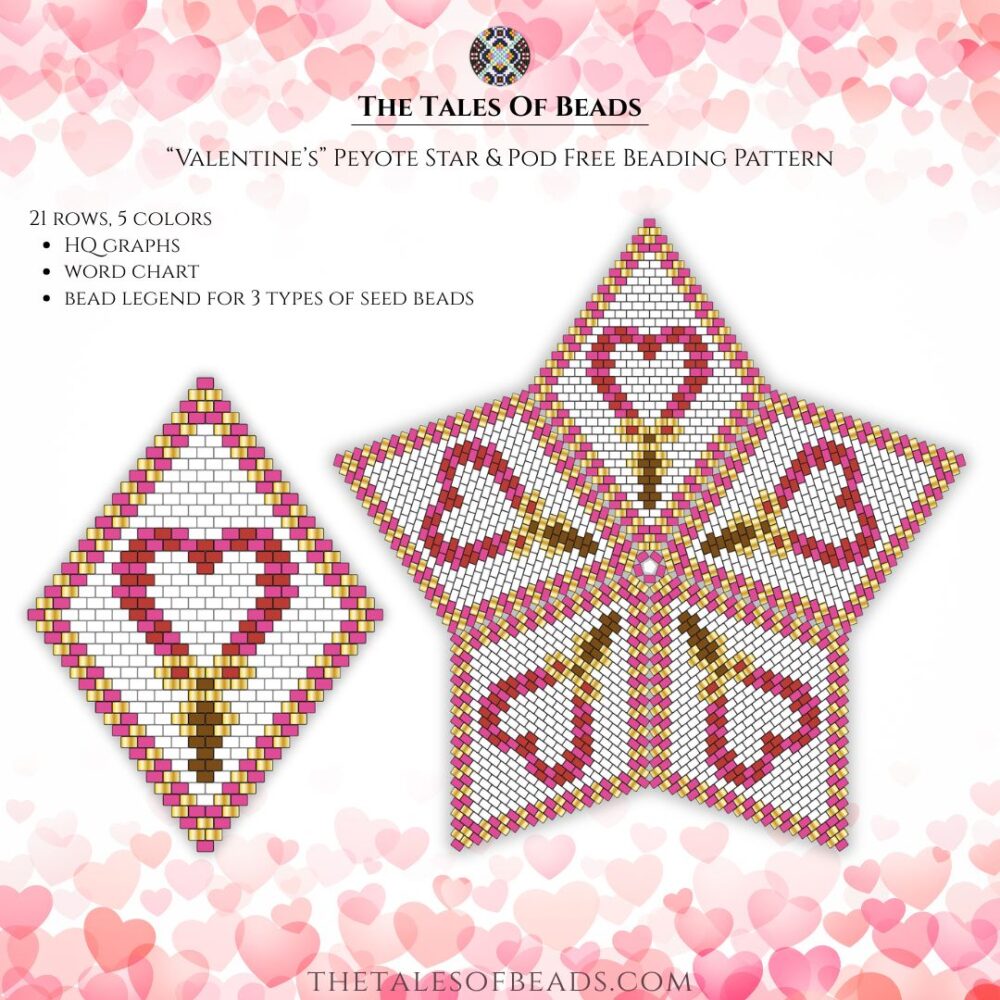 A set of beading patterns for a peyote star and a pod with a Valentines' Day motif.